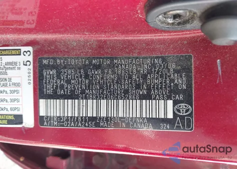 2006 Toyota Corolla Le z USA, uszkodzony, nr VIN 2T1BR32E06C652866